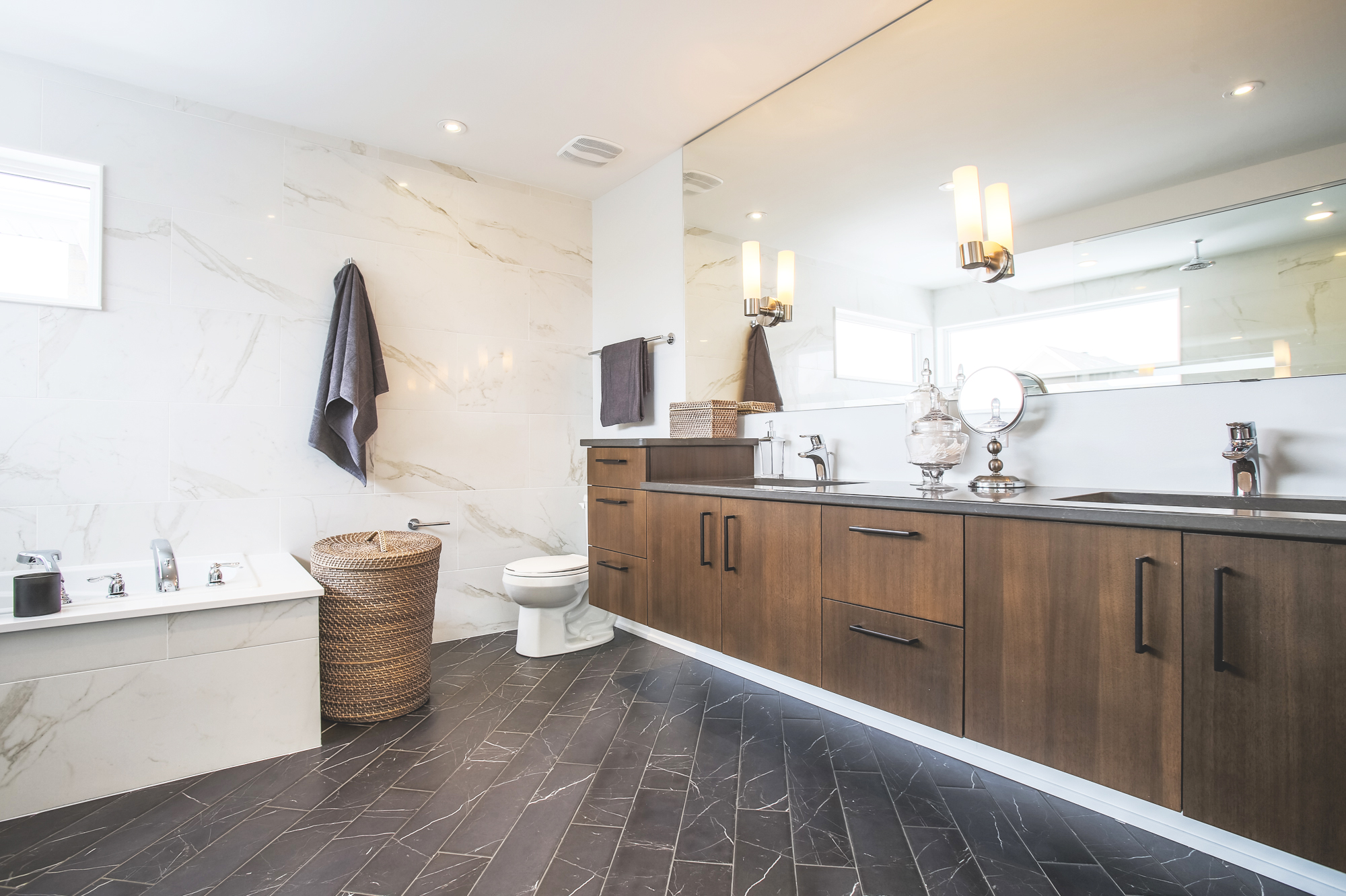 A renovated bathroom with sleek modern finish