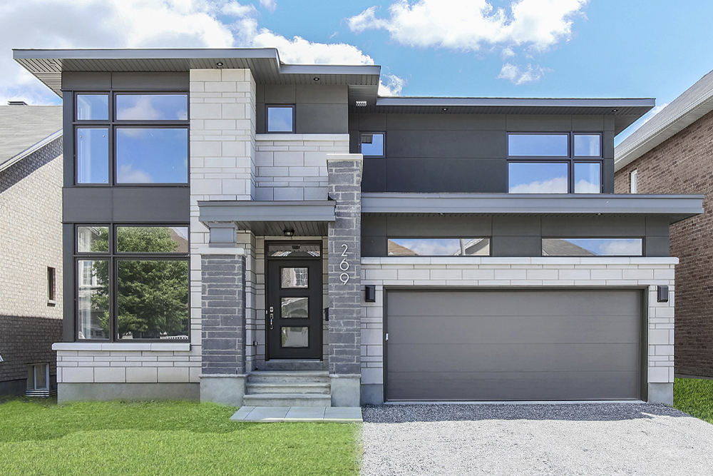 Modern two-storey custom home in Ottawa with stone and dark panel exterior and attached garage